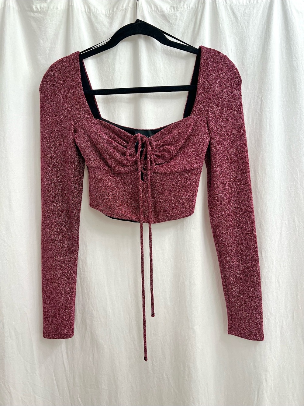 Bershka Sparkle Ruched Long Sleeve Crop Top - Berry